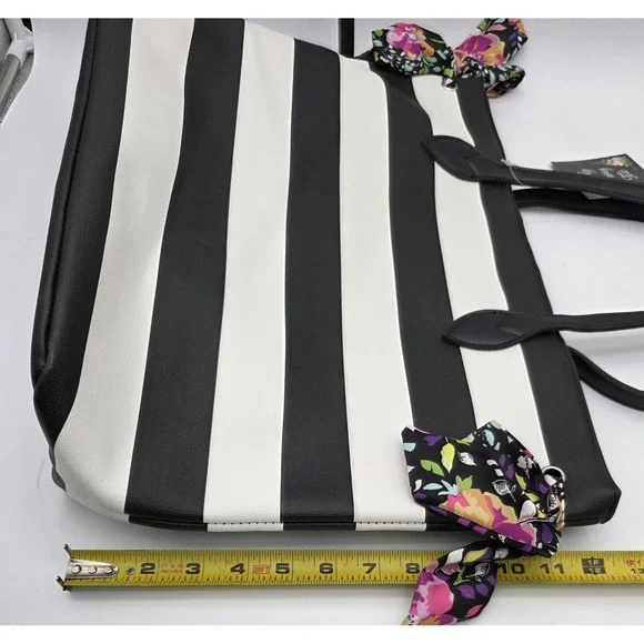 Simply Spring Tote Black White Stripes Flower Print Bows NWT Large Stylish #0255 - Picture 6 of 7